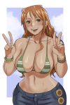  1girl :d artist_name bikini bikini_top_only blush border bracelet breasts cleavage collarbone double_v earrings eyewear_on_head green_nails gud0c highres jewelry large_breasts long_hair looking_at_viewer nami_(one_piece) navel one_piece open_mouth orange_eyes orange_hair shoulder_tattoo smile solo sunglasses swimsuit tattoo teeth upper_body v wet white_border wide_hips 
