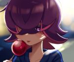  1girl blue_kimono blurry blurry_background candy candy_apple clenched_hand collarbone crossed_bangs depth_of_field dot_(pokemon) eyebrows_hidden_by_hair food hair_over_eyes hand_up holding holding_candy holding_food japanese_clothes kimono light_blush looking_at_food medium_hair multicolored_hair neck outdoors parted_lips pokemon pokemon_(anime) pokemon_horizons portrait purple_eyes purple_hair sidelocks solo standing tongue tongue_out traditional_clothes two-tone_hair user_mxyv5558 yukata 