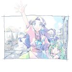  2girls aged_up blue_eyes dress earrings goggles grandia grandia_i green_hair hair_ornament hair_tubes jewelry long_hair looking_at_viewer michibata_65 multiple_girls open_mouth purple_hair smile sue_(grandia) waving 