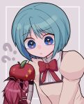  2girls ? apple blue_eyes blue_hair bow detached_sleeves food fruit grey_background hair_bow hair_ornament highres holding holding_food keropiki long_hair looking_at_another magical_girl mahou_shoujo_madoka_magica miki_sayaka mini_person minigirl mitakihara_school_uniform multiple_girls ponytail puffy_sleeves red_bow red_hair sakura_kyoko school_uniform short_hair sparkle sweatdrop 