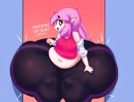  belly big_belly big_butt breasts butt clothing crop_top dialogue doorway elise_(mysterydad) female hair hand_on_leg hand_on_thigh hi_res huge_butt huge_thighs human humanoid humanoid_pointy_ears hybrid hyper hyper_butt hyper_hips hyper_thighs looking_at_viewer mammal mysterydad obese obese_female obese_humanoid overshirt overweight overweight_female overweight_humanoid pink_hair red_eyes shirt solo spandex_legwear stuck_in_door thick_thighs topwear vampire wide_hips 