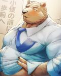  2023 anthro bear belly big_belly black_nose blush brown_body clothing humanoid_hands japanese_text kemono male mammal necktie overweight overweight_male seikeikei2015 shirt solo text topwear 