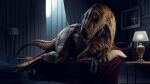  16:9 2023 3d_(artwork) 4k absurd_res arms_bent brown_body brown_scales claws curtains curtains_closed detailed_background digital_media_(artwork) dinosaur dromaeosaurid extended_leg feral furniture furniture_lamp hi_res inside ivorylagiacrus jurassic_park lamp looking_at_viewer lying male mood_lighting multicolored_body on_front orange_body orange_scales picture_frame pillow pupils reptile resting scales scalie sharp_claws slit_pupils smile sofa solo striped_body stripes table tail theropod thick_thighs two_tone_body universal_studios velociraptor widescreen yellow_eyes 
