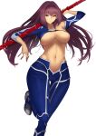  1girl absurdres areola_slip blue_bodysuit bodysuit breasts cosplay cu_chulainn_(fate) cu_chulainn_(fate/stay_night) cu_chulainn_(fate/stay_night)_(cosplay) fate/grand_order fate_(series) gae_bolg_(fate) hair_intakes highres kyoken large_breasts navel polearm purple_hair red_eyes scathach_(fate) solo spear weapon 
