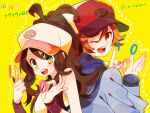  1boy 1girl baseball_cap black_vest blue_eyes blue_jacket brown_eyes brown_hair curly_hair dated hands_up hat high_ponytail hilbert_(pokemon) hilda_(pokemon) jacket long_hair long_sleeves money_gesture nicole_(usako) one_eye_closed open_mouth pointing poke_ball_print pokemon pokemon_(game) pokemon_bw shirt short_hair sidelocks sleeveless sleeveless_shirt teeth twitter_username upper_teeth_only vest white_shirt wristband yellow_background 