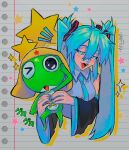  1boy 1girl absurdres alien artist_name black_eyes blue_eyes blue_hair breasts collared_shirt cropped_torso crossover detached_sleeves grey_shirt half-closed_eyes hatsune_miku highres holding keroro keroro_gunsou long_hair looking_at_viewer medium_breasts one_eye_closed open_mouth sainttufa salute shirt sleeveless sleeveless_shirt smile sparkle star_(symbol) upper_body very_long_hair vocaloid yellow_headwear 