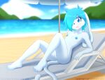  absurd_res android anthro beach blue_eyes blue_hair breasts digital_creature e.m.o erdfurry female flat_chested fur genitals hair hi_res hybrid machine mammal nipples nude pussy robot seaside small_breasts solo unknown_species white_body white_fur 