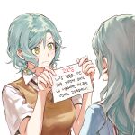  2girls absurdres aqua_hair bang_dream! blue_shirt blush braid brown_necktie brown_sweater_vest closed_mouth collared_shirt commentary diagonal-striped_necktie green_eyes hanasakigawa_school_uniform haneoka_school_uniform highres hikawa_hina hikawa_sayo holding holding_sign korean_text long_hair multiple_girls necktie sailor_collar school_uniform shirt short_hair short_sleeves siblings side_braids sidelocks sign simple_background sisters sweater_vest translated twin_braids twins upper_body white_background white_sailor_collar zihacheol 