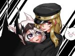  2girls :d aygoftenover black_background black_cape black_headwear blonde_hair blush cape glasses grey_hair highres hood hood_up hug koishikawa_iko long_hair looking_at_another multiple_girls open_mouth shy_(character) shy_(series) smile thought_bubble white_background 