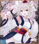  1girl :d animal_ear_fluff animal_ears black_thighhighs breasts cherry_blossoms hajike_akira highres inubashiri_momiji japanese_clothes kimono long_sleeves looking_at_viewer open_mouth outdoors pelvic_curtain petals pom_pom_(clothes) red_eyes sarashi short_hair smile solo tail thighhighs touhou traditional_media tree white_hair white_kimono wolf_ears wolf_girl wolf_tail 