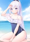  1girl :o arm_up bare_legs bare_shoulders barefoot beach between_legs blue_archive blue_eyes blue_one-piece_swimsuit blue_sky bow breasts cloud cloudy_sky collarbone day frilled_one-piece_swimsuit frills hair_bow halo hand_between_legs hand_to_head highres kamimura_asari long_hair looking_at_viewer miyako_(blue_archive) ocean one-piece_swimsuit outdoors parted_lips ponytail sidelocks sitting sky small_breasts solo spaghetti_strap straight_hair swimsuit very_long_hair wet white_hair yokozuwari 