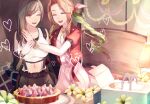  2girls aerith_gainsborough bare_shoulders belt birthday birthday_cake black_hair black_skirt black_sleeves black_sports_bra bracelet braid braided_ponytail breasts brown_hair cake closed_eyes collarbone commentary_request crop_top cropped_jacket detached_sleeves dress final_fantasy final_fantasy_vii final_fantasy_vii_remake flower food hair_ribbon happy heart indoors jacket jewelry large_breasts long_hair midriff mirrorclew multiple_girls navel one_eye_closed open_mouth parted_bangs pink_dress pink_ribbon red_hair red_jacket ribbon short_sleeves sidelocks sitting skirt small_breasts smile sports_bra suspender_skirt suspenders swept_bangs tank_top teeth tifa_lockhart upper_teeth_only white_tank_top yellow_flower 