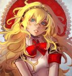  aegis_(persona) alternate_hairstyle android blonde_hair blue_eyes bow bowtie breasts colored_eyelashes floating_hair fringe_trim hairband highres long_hair looking_at_viewer medium_breasts parted_lips persona persona_3 red_armband red_bow red_bowtie red_circle signature takanoezz teeth upper_body wavy_hair 