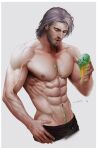  1boy abs absurdres aenaluck artist_name bara black_pants facial_hair food food_on_body food_on_face grey_hair highres holding holding_food holding_ice_cream ice_cream ice_cream_cone ice_cream_cone_spill male_focus master_(aenaluck) muscular muscular_male navel nipples original pants parted_lips pectorals short_hair simple_background solo white_background 