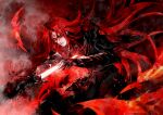  1boy abstract_background arm_up armor black_armor chinese_commentary commentary_request facial_mark fire forehead_mark highres long_hair looking_at_object lord_of_the_mysteries medici_(lord_of_the_mysteries) parted_lips red_eyes red_hair red_theme ruki0728 shaded_face solo stab sword tattoo teeth weapon wind 