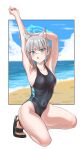  1girl absurdres animal_ear_fluff animal_ears arm_up beach black_one-piece_swimsuit blue_archive blue_eyes blue_sky breasts cloud competition_swimsuit covered_navel cross_hair_ornament extra_ears full_body grey_hair hair_ornament halo highleg highleg_swimsuit highres horizon low_ponytail medium_breasts medium_hair mismatched_pupils multicolored_clothes multicolored_swimsuit ocean official_alternate_costume one-piece_swimsuit pangtanto sandals shiroko_(blue_archive) shiroko_(swimsuit)_(blue_archive) sky solo swimsuit wolf_ears 