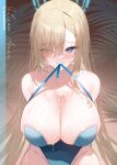  1girl :d apple_caramel arms_behind_back asuna_(blue_archive) asuna_(bunny)_(blue_archive) bare_shoulders blonde_hair blue_archive blue_eyes blue_leotard blush breasts bust_cup cleavage eyes_visible_through_hair grin hair_over_one_eye halo highres large_breasts leotard long_hair looking_at_viewer mole mole_on_breast mouth_hold official_alternate_costume parted_lips sign smile solo strapless strapless_leotard very_long_hair water 