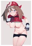  1girl absurdres bandana bike_shorts bike_shorts_pull blue_eyes border breasts brown_hair clothes_lift collared_shirt commentary_request female_pubic_hair gloves hand_up highres keiz leaning looking_at_viewer may_(pokemon) nipples parted_lips pokemon pokemon_(game) pokemon_rse pubic_hair red_bandana red_shirt shiny_clothes shirt shirt_lift short_sleeves solo sweatdrop white_border white_gloves 
