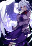  1girl bow bowtie commentary_request dress grey_hair highres jacket kishin_sagume light_particles looking_at_viewer purple_dress red_bow red_bowtie red_eyes short_hair single_wing solo souko_illust touhou white_wings wings 