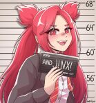  1girl :d aeriiyu barbie_(live_action) black_jacket character_name dress_shirt fang highres holding holding_sign jacket jinx_(league_of_legends) league_of_legends long_hair long_sleeves meme necktie open_clothes open_jacket red_eyes red_hair shirt sign smile solo star_guardian_(league_of_legends) star_guardian_jinx striped_necktie teeth tongue twintails upper_body 