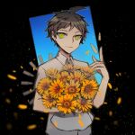  1boy ahoge black_background blue_background bouquet brown_hair bullet collared_shirt danganronpa_(series) danganronpa_2:_goodbye_despair gradient_background grey_shirt hinata_hajime holding holding_bouquet lowres male_focus necktie pa_zi_dinglu petals shirt short_hair short_sleeves smile solo yellow_eyes 