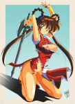  1990s_(style) 1girl bracelet breasts brown_hair china_dress chinese_clothes danmakuman dress green_eyes highres holding holding_sword holding_weapon jewelry large_breasts long_hair mamono_hunter_youko mano_youko nipples pelvic_curtain pussy red_dress red_footwear retro_artstyle shoes solo sword torn_clothes torn_dress twintails uncensored weapon 