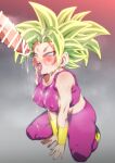  1boy 1girl bar_censor blue_eyes blush boots breasts censored commentary covered_nipples crop_top cum cum_in_mouth cum_on_body cum_on_breasts cum_on_tongue cum_string dragon_ball dragon_ball_super earrings facial green_hair groin hetero jewelry kefla_(dragon_ball) kneeling large_breasts large_penis midriff muscular muscular_female penis potara_earrings rom_(20) solo_focus super_saiyan super_saiyan_1 tongue tongue_out v-shaped_eyebrows vambraces 