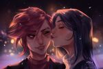 2girls artist_name blurry blurry_background blush caitlyn_(league_of_legends) closed_eyes highres kiss kissing_cheek league_of_legends long_hair multiple_girls night nose_piercing one_eye_closed outdoors piercing portrait profile red_hair red_lips seraya_x sideways_glance smile snowing teeth vi_(league_of_legends) yuri 