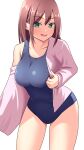  absurdres blue_one-piece_swimsuit breasts brown_hair clothes_removed cowboy_shot green_eyes highres large_breasts long_sleeves looking_at_viewer medium_breasts medium_hair one-piece_swimsuit open_mouth original pink_shirt school_swimsuit shirt simple_background swimsuit swimsuit_under_clothes undressing wagemappa white_background 