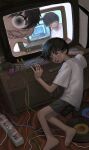  4boys absurdres barefoot black_hair black_shorts blood cable carpet clone controller crazy_eyes drawer english_commentary expressionless from_above frown full_body game_console game_controller head_rest highres horror_(theme) indoors looking_at_another looking_at_viewer looking_to_the_side multiple_boys nintendo_switch_pro_controller no_mouth nosebleed open_mouth original playstation_5 power_strip reaching record recursion short_hair shorts television wide-eyed yakito_lulu 