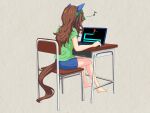  1girl alternate_costume barefoot blue_shorts bow brown_hair chair computer desk ear_covers from_behind green_shirt grey_background hair_bow highres horse_girl horse_tail king_halo_(umamusume) laptop long_hair musical_note scary_maze_game school_chair school_desk shirt shorts simple_background sitting solo t-shirt tail umamusume zenbrush2 