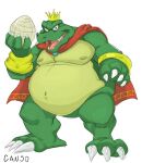  2014 anthro belly big_belly canson cape chubby_anthro chubby_male claws clothing crocodilian crown crystal_coconut cuff_(restraint) donkey_kong_(series) fangs headgear holding_object king_k._rool kremling looking_at_viewer male mostly_nude navel nintendo nipples open_mouth overweight overweight_anthro overweight_male reptile restraints scales scalie shackles signature slightly_chubby solo standing teeth toe_claws tongue 