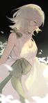  1girl breasts cleavage dress fei_(songyijie) flower green_eyes grey_hair hair_between_eyes highres lunar_tear medium_breasts medium_hair nier nier_(series) petals profile sleeveless sleeveless_dress solo sundress white_dress white_flower yonah 