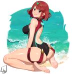 1girl absurdres ass backless_swimsuit beach black_one-piece_swimsuit breasts censored circlet earrings full_body highres jewelry l4wless large_breasts looking_at_viewer looking_back medium_hair mosaic_censoring one-piece_swimsuit pyra_(pro_swimmer)_(xenoblade) pyra_(xenoblade) red_eyes red_hair soles solo swept_bangs swimsuit toes water xenoblade_chronicles_(series) xenoblade_chronicles_2 