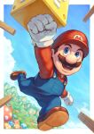  1boy ?_block blue_eyes blue_overalls blue_sky boots brown_footwear brown_hair clenched_hands cloud facial_hair gloves hat highres jumping mario mario_(series) mushroom mustache open_mouth outdoors overalls red_headwear red_shirt shikabane_(draw_tadao14) shirt short_hair sky solo the_super_mario_bros._movie white_gloves 