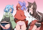  3girls :d animal_ears ass back bare_shoulders black_panties blue_hair blue_panties bow brown_hair cameltoe cape closed_eyes clothes_lift commission dress drill_hair fang fins grass_root_youkai_network green_kimono hair_bow head_fins heart highres honyaa_(honya--1123) imaizumi_kagerou japanese_clothes kimono lifted_by_self long_hair long_sleeves looking_at_viewer looking_back multiple_girls off-shoulder_dress off_shoulder one_eye_closed open_mouth panties pink_panties pixiv_commission purple_bow red_cape red_eyes red_hair red_shirt red_skirt sekibanki shirt short_hair skin_fang skirt skirt_lift smile tail textless_version touhou twin_drills underwear wakasagihime white_dress wolf_ears wolf_girl wolf_tail 