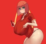  1girl aster_crowley black_panties blue_eyes blunt_bangs blush bob_cut breasts choker closed_mouth collared_shirt food french_fries highres huge_breasts looking_at_viewer mcdonald&#039;s mother_(yoru_mac) orange_hair panties red_background red_shirt shirt short_hair short_sleeves smile solo thick_thighs thighs thong underwear yoru_mac 