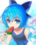  1girl blue_bow blue_eyes blue_hair blue_one-piece_swimsuit blush bow cirno collarbone detached_wings fairy food hair_between_eyes hair_bow holding holding_food ice ice_wings looking_at_viewer one-piece_swimsuit popsicle school_swimsuit shiroi_karasu short_hair solo swimsuit touhou twitter_username upper_body wings 