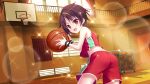  1girl armpit_crease ass ball bandou_mikuru bare_shoulders basketball basketball_(object) basketball_hoop basketball_uniform blonde_hair brown_hair cart curtains door dot_nose dutch_angle film_grain from_behind game_cg gym holding holding_ball indoors izumi_tsubasu lens_flare looking_at_viewer looking_back midriff multicolored_hair non-web_source official_art open_mouth playing_sports railing re:stage! red_eyes red_shorts red_tank_top short_hair shorts smile solo sparkle sportswear streaked_hair tank_top two-tone_hair window wooden_floor wristband 