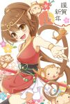 1girl animal animal_ears armpits blush bracelet brown_eyes brown_hair chinese_zodiac dress headpiece holding holding_staff ibuki_ena japanese_clothes jewelry long_hair looking_at_viewer monkey monkey_ears monkey_girl monkey_tail new_year obi open_mouth original ponytail reaching reaching_towards_viewer sash short_dress sleeveless sleeveless_dress smile solo staff tail thighhighs translation_request very_long_hair year_of_the_monkey 