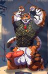  anthro arms_tied azaeldragon bdsm big_penis bodily_fluids bondage bound clothing erection felid fur genital_fluids genitals hi_res kalidragon male mammal muscular necktie oscar_(fortnite) pantherine penis precum solo striped_body striped_fur stripes tiger topwear vest 