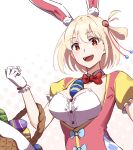  1girl :d alternate_costume animal_ears basket blonde_hair blush bow bowtie breasts bright_pupils center_frills cleavage cleavage_cutout clothing_cutout commentary easter easter_egg egg fake_animal_ears food_on_body food_on_breasts frilled_sleeves frills gloves hair_between_eyes hair_ribbon happy highres holding holding_basket hyoe_(hachiechi) large_breasts looking_at_viewer lycoris_recoil nishikigi_chisato one_side_up open_mouth polka_dot polka_dot_background puffy_short_sleeves puffy_sleeves rabbit_ears red_bow red_bowtie red_eyes red_ribbon ribbon ribbon-trimmed_gloves ribbon_trim short_hair short_sleeves simple_background smile solo teeth upper_body upper_teeth_only white_background white_gloves white_pupils wide-eyed 