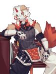  anthro arknights axianorange canid canine canis clothed clothing domestic_dog fur gloves hair handwear hi_res horn hung_(arknights) hypergryph long_hair looking_at_viewer male mammal multicolored_body multicolored_fur multicolored_hair orange_hair orange_tail sitting solo studio_montagne tail tan_body tan_fur two_tone_body two_tone_fur two_tone_hair white_body white_fur white_hair 