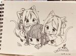  3girls :3 animal_ears blunt_bangs blush cat_ears cat_girl cat_tail chibi closed_mouth commentary_request dated fang greyscale hair_ornament hairclip hatching_(texture) kashikaze kurosawa_dia long_hair long_sleeves love_live! love_live!_sunshine!! matsuura_kanan monochrome multiple_girls nib_pen_(medium) ohara_mari open_mouth photo_(medium) ponytail sidelocks signature single_hair_ring sleeves_past_wrists sweatdrop tail traditional_media 