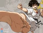  1girl barefoot belt black_belt black_hair clenched_hands dirty dirty_face dougi feet foot_focus foreshortening grey_background kicking lewdsaiga makoto_(street_fighter) multiple_views open_mouth patreon_logo patreon_username pixiv_id pixiv_logo puffy_sleeves red_sports_bra scarf see-through_silhouette shouting soles solo sports_bra street_fighter street_fighter_iii_(series) toenails toes tomboy yellow_scarf 