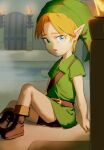  1boy belt blonde_hair brown_belt brown_footwear d: fire flame gate green_headwear green_tunic highres link male_focus parted_bangs pointy_ears psp26958748 shoes short_hair short_sleeves shorts sitting solo the_legend_of_zelda the_legend_of_zelda:_ocarina_of_time 