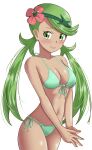  1girl absurdres bikini blush breasts closed_mouth collarbone commentary_request cowboy_shot eyelashes flower green_bikini green_eyes green_hair hair_flower hair_ornament headband highres long_hair looking_at_viewer maho_(corotonton5150) mallow_(pokemon) own_hands_together pink_flower pokemon pokemon_(game) pokemon_sm raised_eyebrows side-tie_bikini_bottom simple_background smile solo steepled_fingers swept_bangs swimsuit twintails white_background 