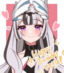  1girl black_choker black_hair blunt_bangs blush choker closed_mouth fire_emblem fire_emblem_engage gmais2514 grey_hair happy_birthday heart long_hair looking_at_viewer multicolored_hair purple_eyes smile solo two-tone_hair upper_body veyle_(fire_emblem) wing_hair_ornament 