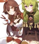  2girls amber_(genshin_impact) bangs belt black_belt blush boots breasts brown_belt brown_dress brown_eyes brown_hair brown_thighhighs cape closed_mouth collared_jacket collei_(genshin_impact) dress gem genshin_impact gloves goggles goggles_around_neck green_cape green_gemstone green_hair hair_between_eyes hair_ornament hair_ribbon hand_up jacket long_hair looking_at_viewer medium_breasts multiple_girls open_clothes open_jacket pink_gemstone purple_eyes red_gloves red_jacket red_ribbon red_thighhighs ribbon simple_background sitting smile tassel teeth thighhighs two-tone_gloves v vision_(genshin_impact) white_background white_footwear white_gloves yurayura_(mdeh5447) 