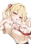  1girl absurdres black_choker blonde_hair choker commentary hair_ribbon hands_up heart heart-shaped_pupils heart_hands heterochromia highres hoshikawa_sara looking_at_viewer necktie nijisanji open_mouth orange_eyes partially_unbuttoned red_eyes red_necktie red_ribbon ribbon shirt shirt_tucked_in short_hair short_sleeves simple_background smile solo symbol-shaped_pupils totuoooo1015 upper_body virtual_youtuber white_background white_shirt 